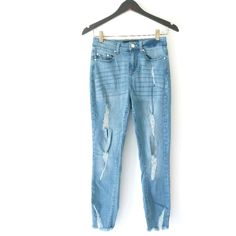 Indigo Rein Distressed Raw Fray Hem High Rise Skinny Jeans Sz 25